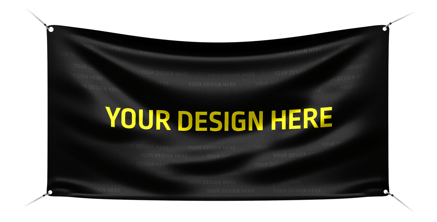 Black outdoor banner with metal grommets and ropes, displaying large yellow placeholder text across the center on a plain background.