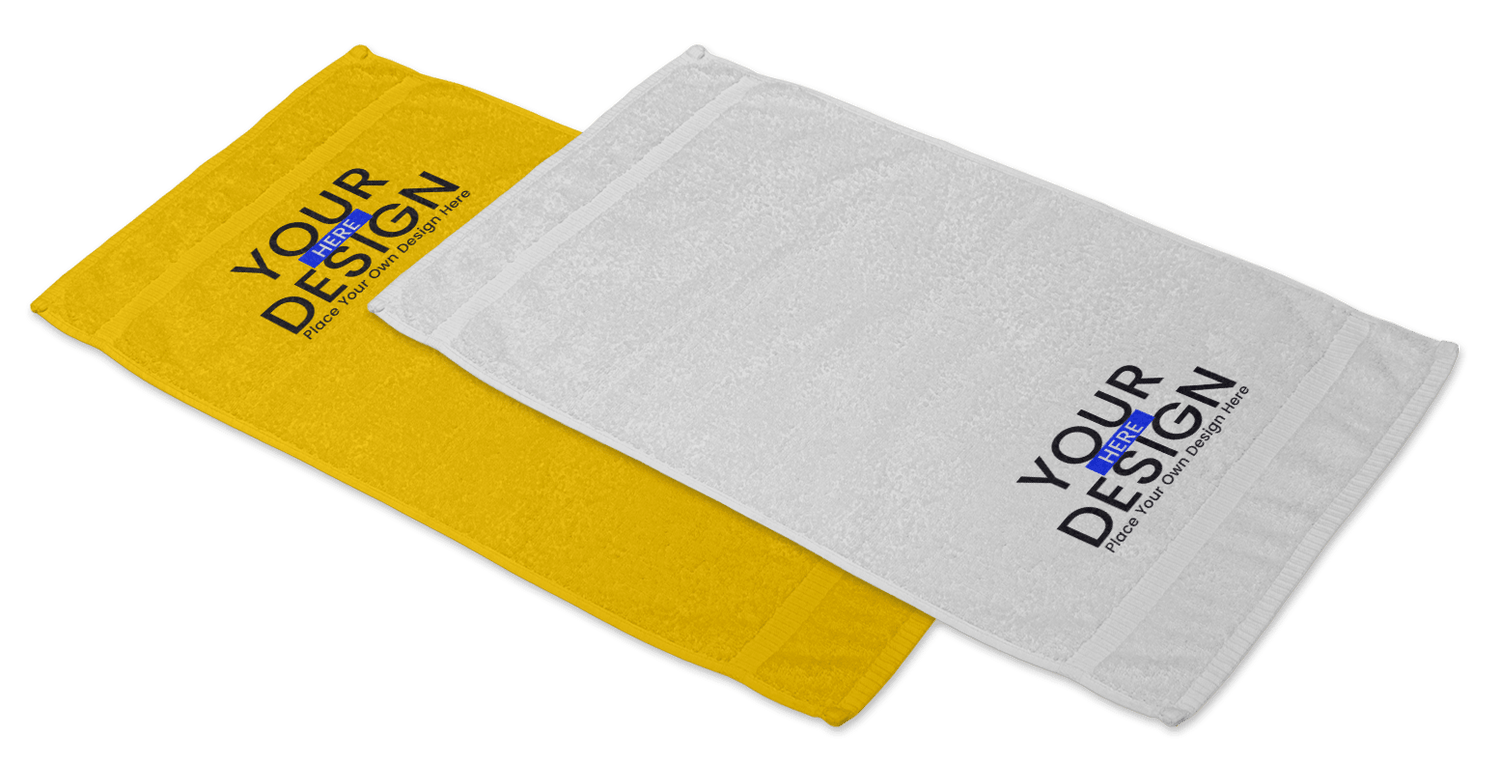 Two hand towels, one yellow and one white, each printed with placeholder design text.