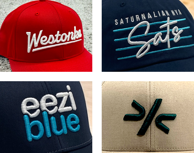 Collage of custom 3d embroidered hats featuring logos and designs in red, navy, and beige, showcasing premium embroidery craftsmanship.