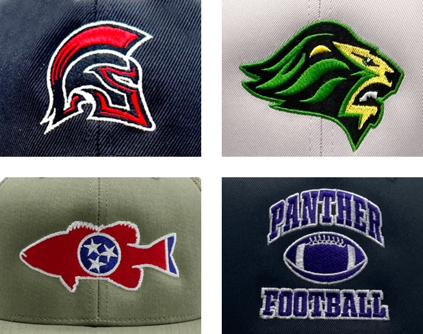 Collage of Stock Namedrop embroidered hats featuring sports and team logos, including a Spartan helmet, lion, Tennessee fish, and Panther Football.