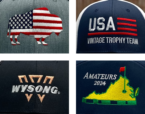 Collage of flat embroidered hats featuring USA themes, Wysong logo, and Amateurs 2024 golf design, showcasing premium custom hat embroidery.