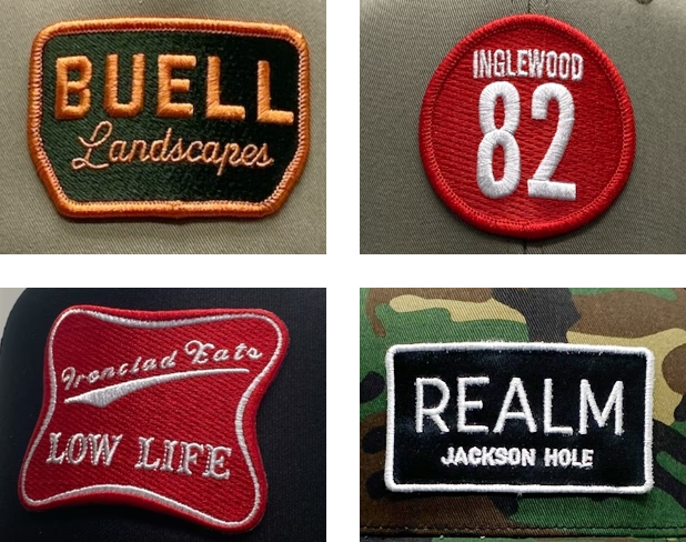 Collage of hats featuring custom embroidered patches, including Buell Landscapes, Inglewood 82, Low Life, and Realm Jackson Hole designs.