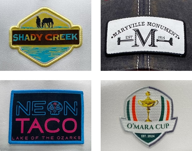 Collage of hats featuring custom embroidered patches, including Shady Creek, Maryville Monument, Neon Taco, and O'Mara Cup designs.