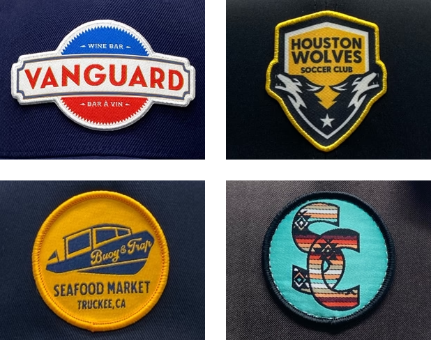 Collage of hats featuring custom embroidered patches, including Vanguard, Houston Wolves, Seafood Market, and a colorful SC design.