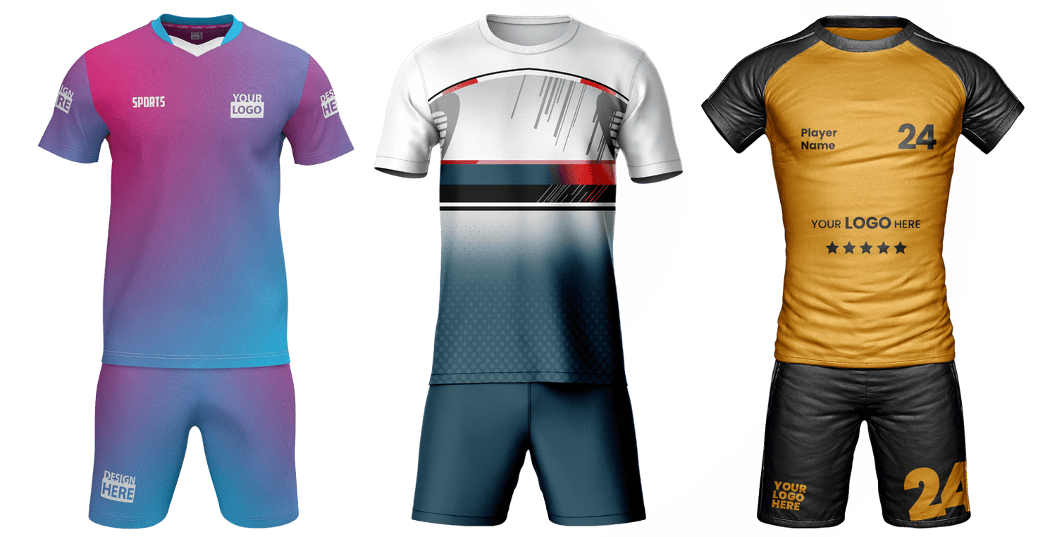 Custom football soccer uniform in striped blue and red designs with player number and name for teams and clubs.