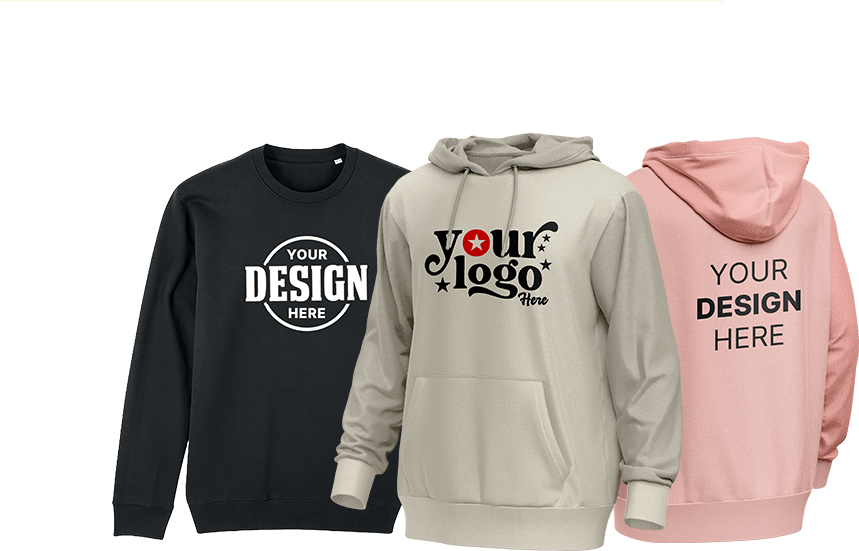 Three customizable sweatshirts and hoodies in black, beige, and pink, each featuring prominent front and back design areas for personalized logos or text.