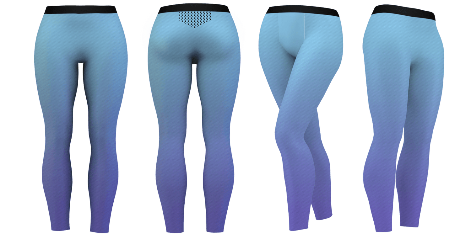 Custom gradient leggings in blue shades, high-waist design for women’s fitness, yoga, and athletic sportswear apparel.