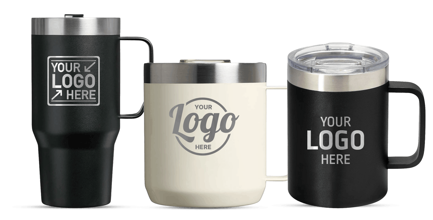 Three insulated mugs with customizable logo areas.