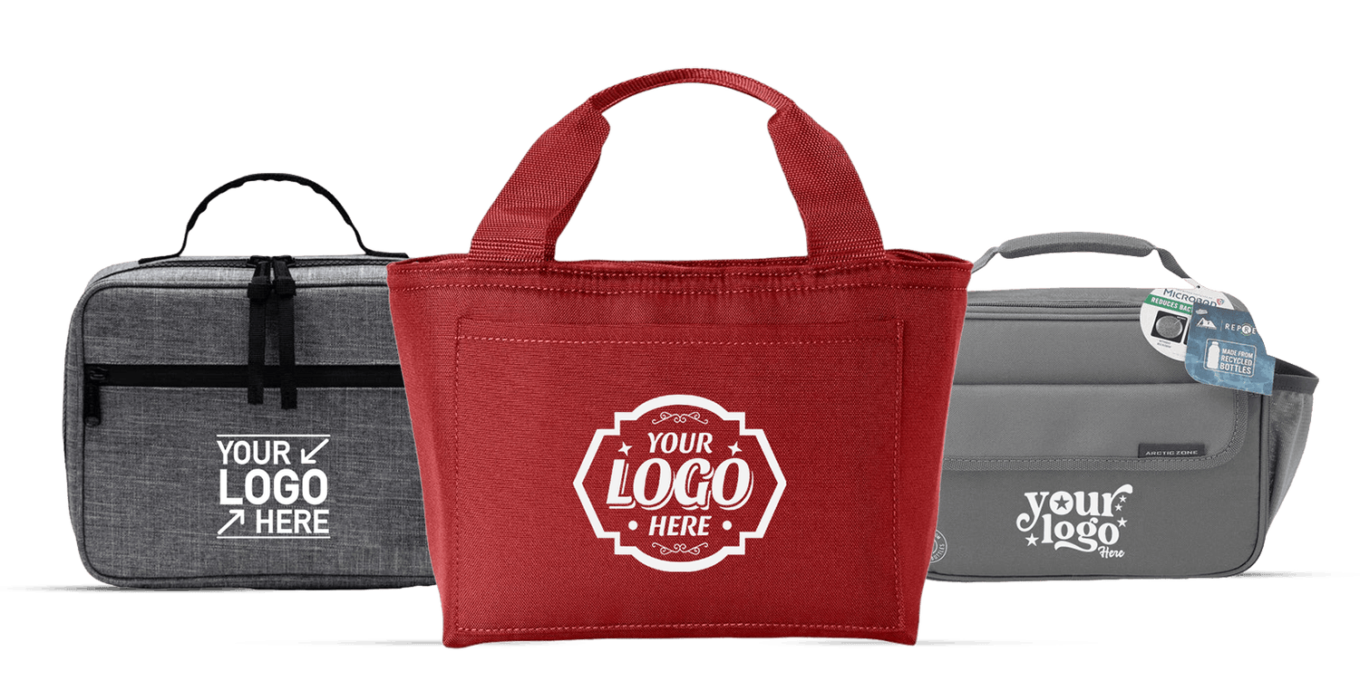 Three lunch bags in gray, red, and light gray with sample custom logos.