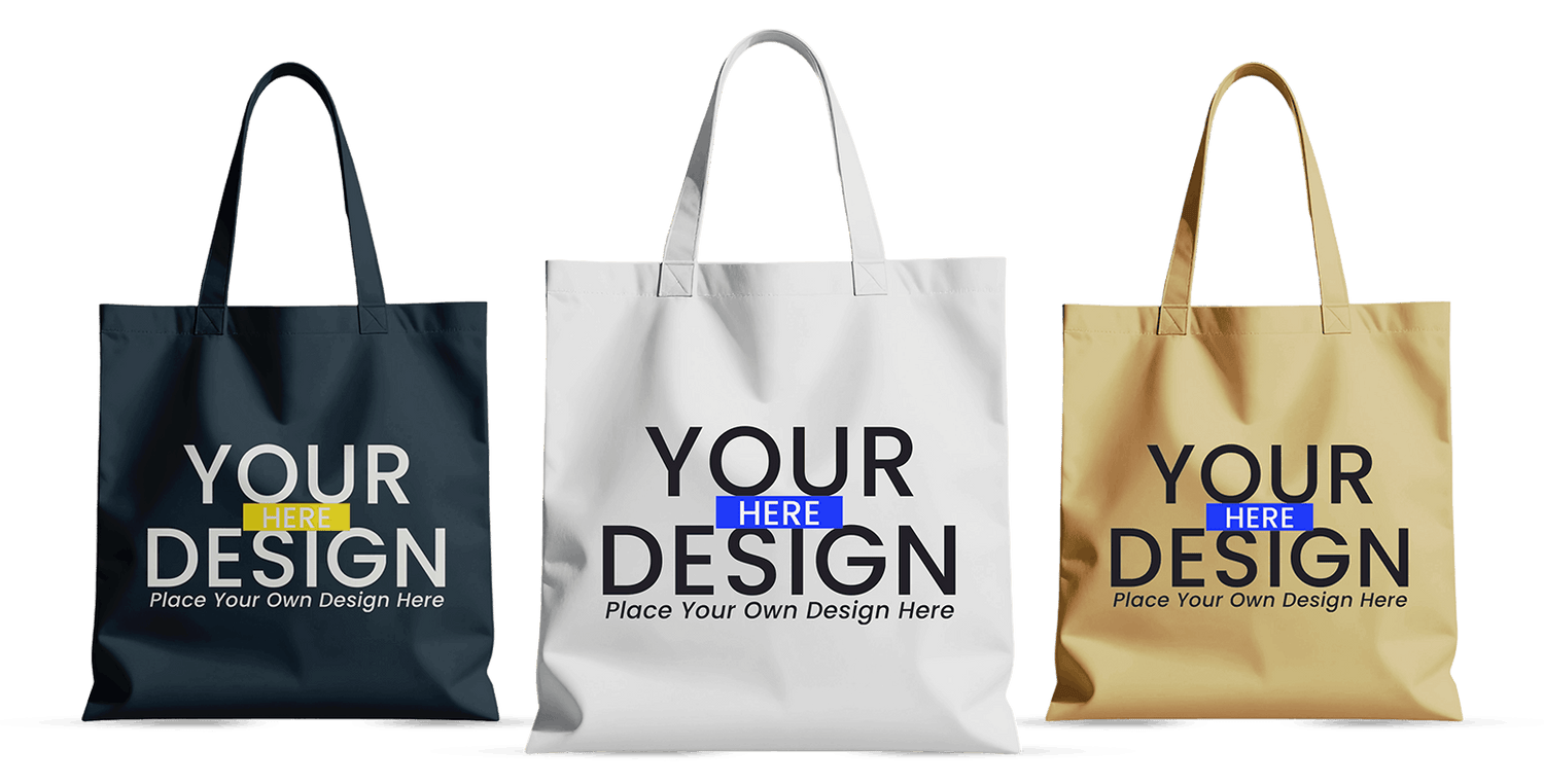 Three tote bags in navy, white, and gold with large placeholder design text.