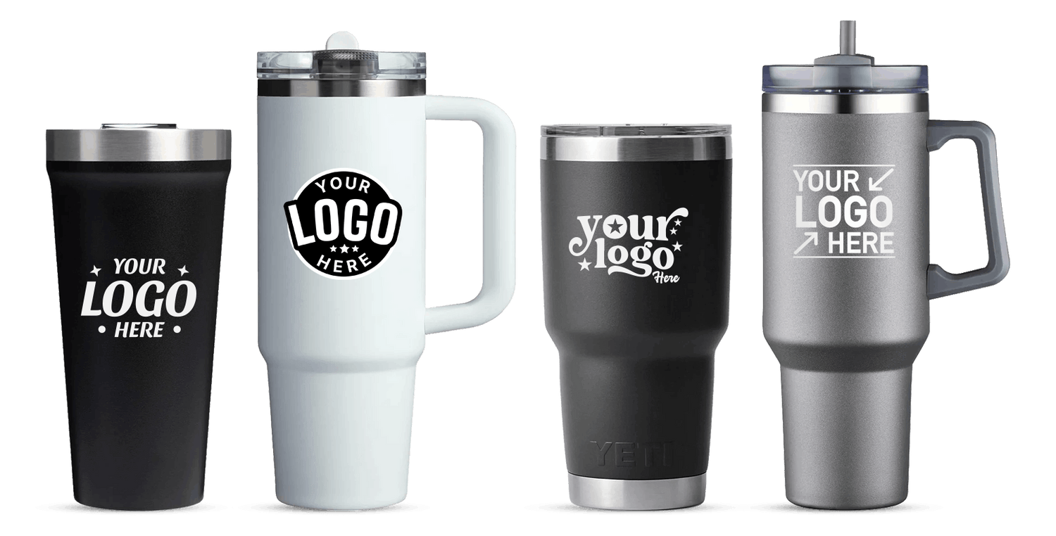Four insulated tumblers and travel mugs in black, white, charcoal, and silver, each featuring a different sample custom logo.