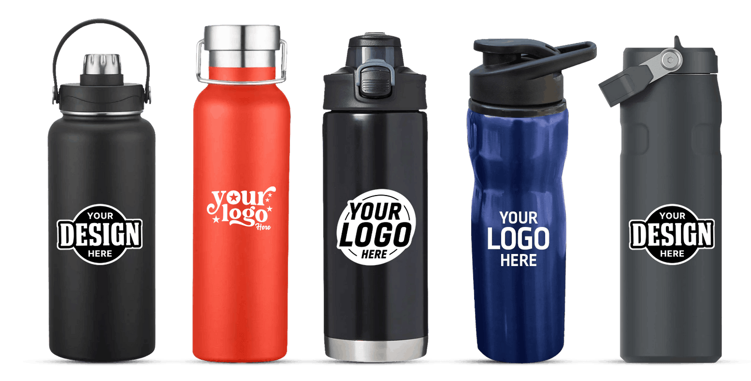Five reusable water bottles in black, red, black, blue, and dark gray, each printed with a sample custom logo design.