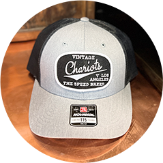 Grey and black cap with 'Vintage Chariots Los Angeles The Speed Bikes' label on front.