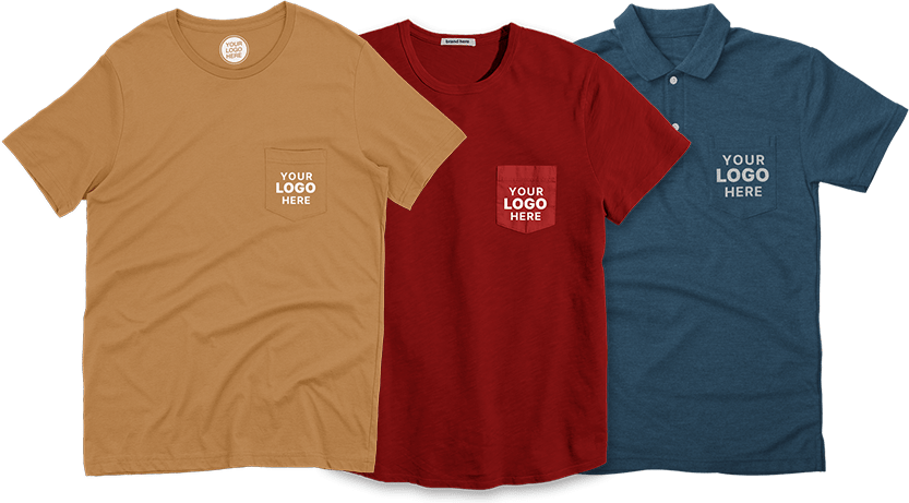 Three t-shirts displayed with front pockets: mustard, red, and blue colors, each featuring a placeholder text 'Your Logo Here' on the pocket.