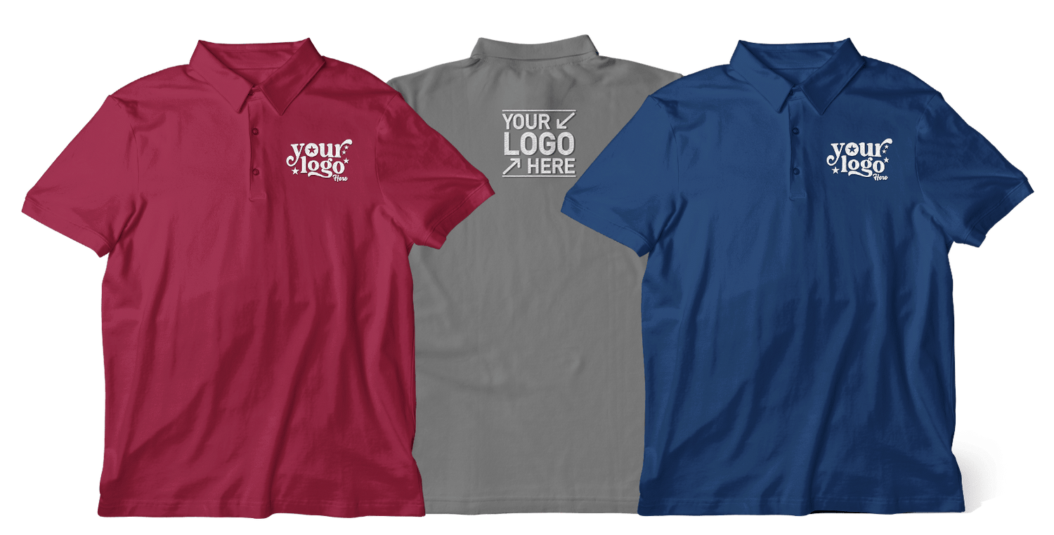 Custom polo shirts in red, gray, and blue with embroidered logo, perfect for corporate branding, staff uniforms, and casual workwear.