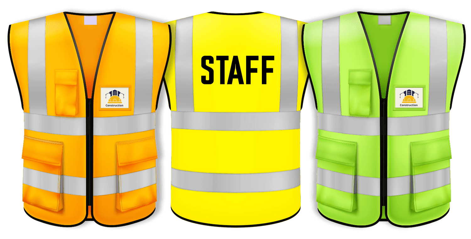 Custom safety vests in orange, yellow, and green with reflective strips for construction workers, staff uniforms, and outdoor jobs.