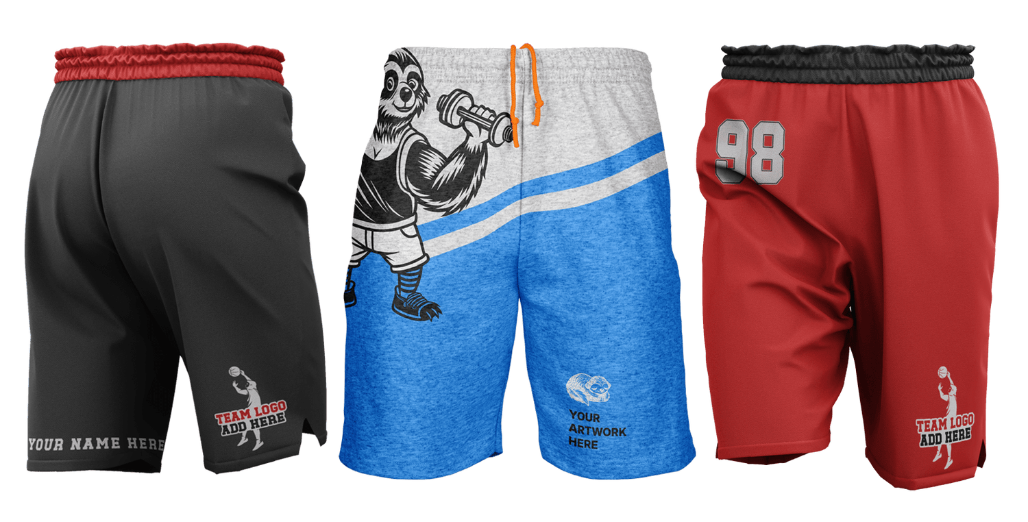 Custom sports shorts in black, blue, and red with team logo and artwork, perfect for basketball, gym training, and athletic activities.