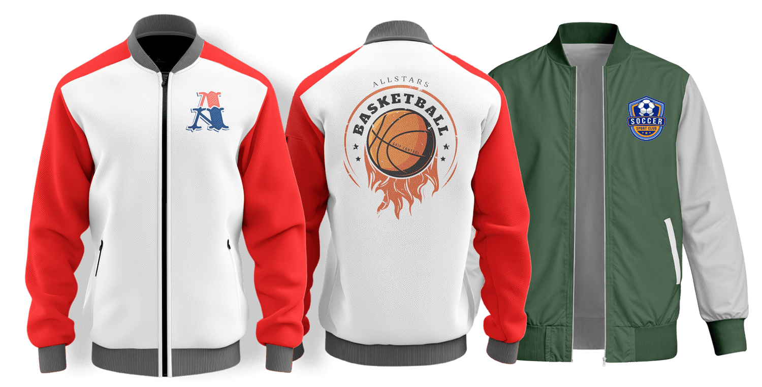 Custom sports team jackets in red-white and green-white styles with logo placement for basketball, soccer, and club wear.