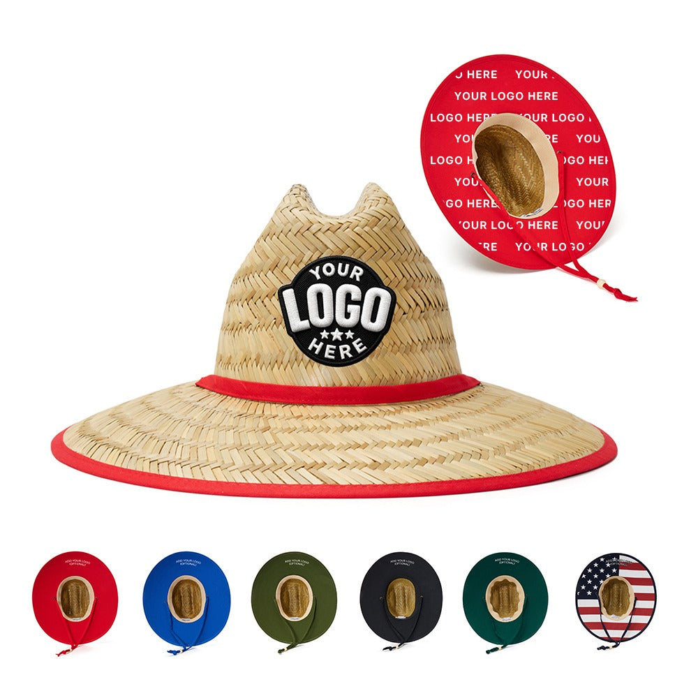 Custom straw lifeguard hat with red trim and black logo patch, shown with color options.