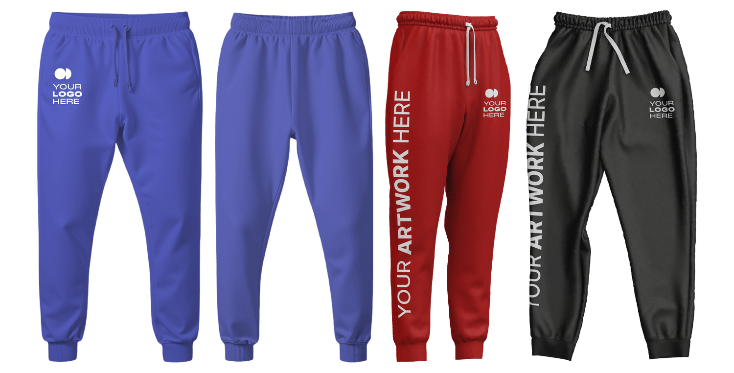 Custom sweatpants in blue, red, and black with logo placement, perfect for fitness, casual wear, sports teams, and athletic branding.
