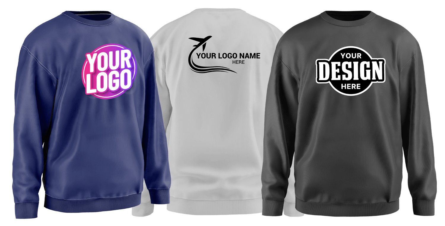 Custom sweatshirts in navy, white, and gray with printed logo and design, great for company branding, sports clubs, and casual apparel.