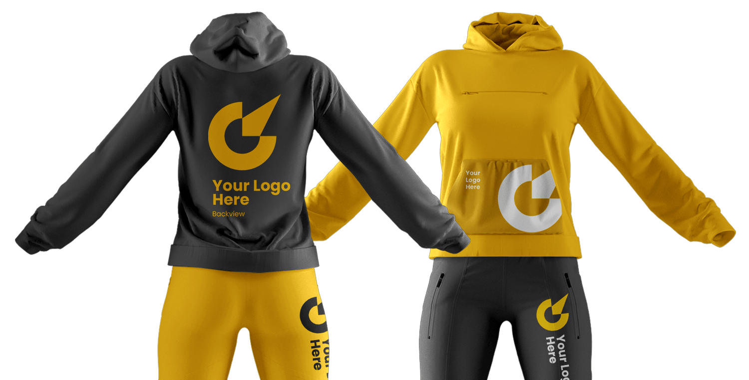 Custom tracksuits in yellow and black with hoodie and pants, designed with logo placement for sports teams, fitness, and athletic branding.