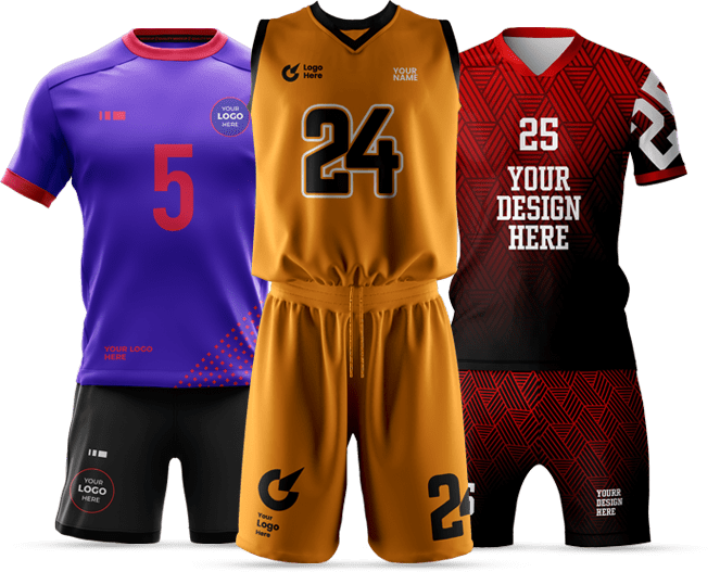 Three custom sports uniforms on display; soccer jersey, basketball kit, and football gear with placeholders for logos and design elements.