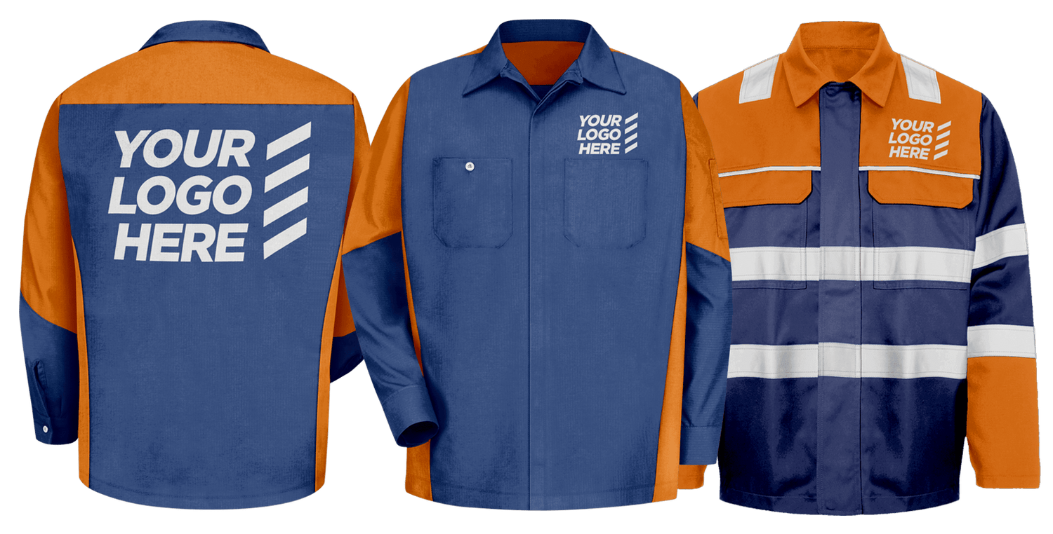 Custom workwear uniforms in blue and orange with reflective strip options, ideal for staff clothing, industrial use, and construction jobs.