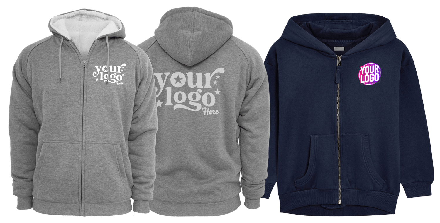 Custom zip up hoodies in gray and navy with logo printing, perfect for casual wear, team branding, and promotional apparel.