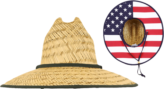 Wide-brimmed straw hat with American flag liner, green edge trim, and black cord for adjustable fit, offering sun protection.