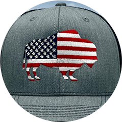 A grey baseball cap with a flat embroidery depicting a bison silhouette filled with the American flag pattern