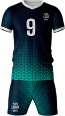  Dark gradient soccer kit with number 9, space for a logo, and a geometric pattern design.