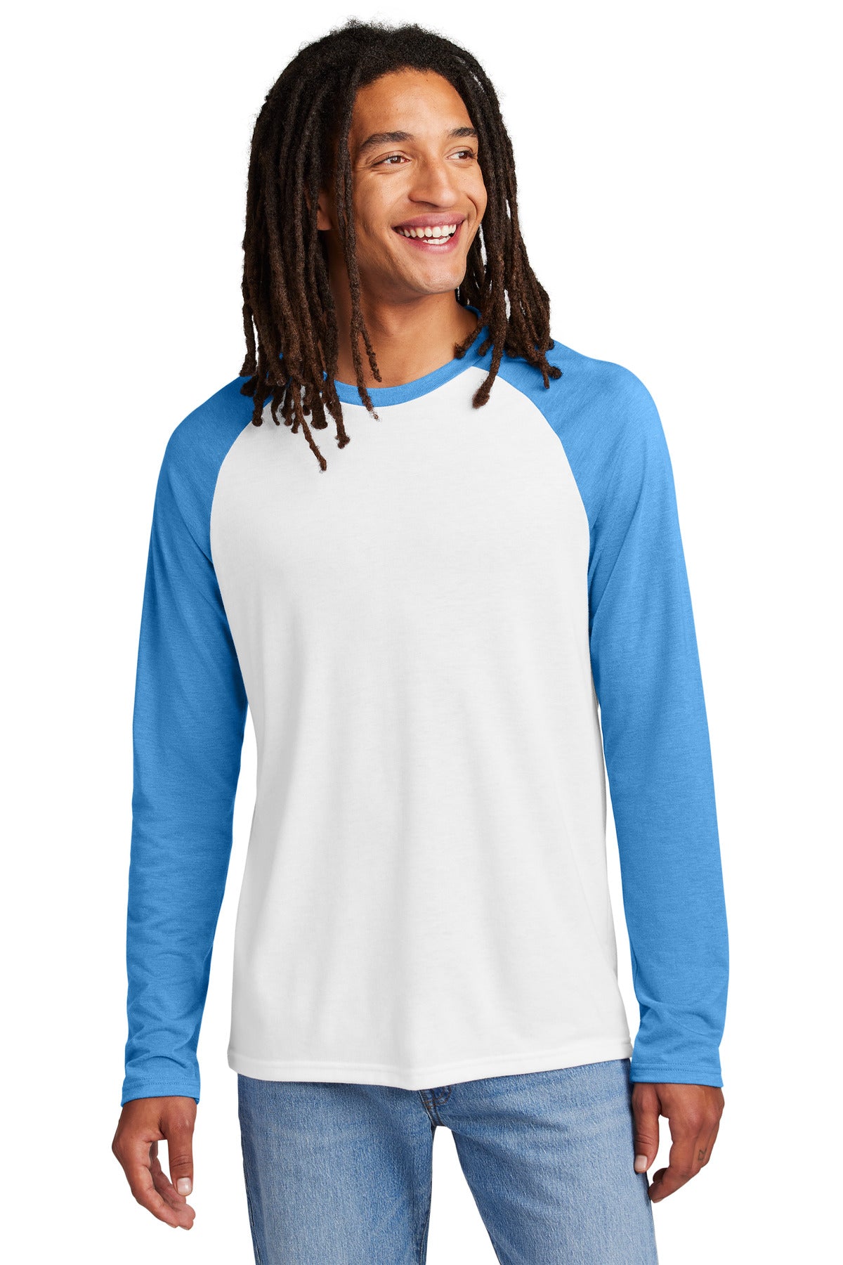 Front View of AzrB/BtWht Allmade Unisex Tri-Blend Long Sleeve Colorblock Raglan AL6009