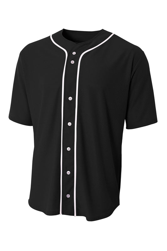 Front View of Black A4 Short Sleeve Full-Button Baseball Top A4N4184 - Star Hats & Embroidery