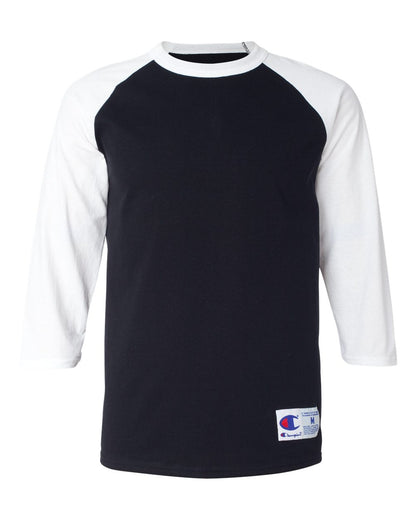 Front View of Black/ White Raglan Sleeve Baseball T-Shirt - T137