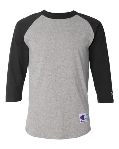 Front View of Oxford Grey/ Black Raglan Sleeve Baseball T-Shirt - T137
