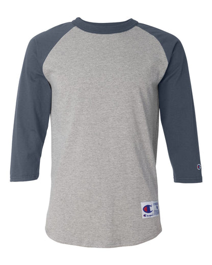 Front View of Oxford Grey/ Navy Raglan Sleeve Baseball T-Shirt - T137
