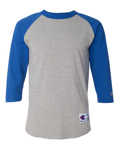 Front View of Oxford Grey/ Team Blue Raglan Sleeve Baseball T-Shirt - T137