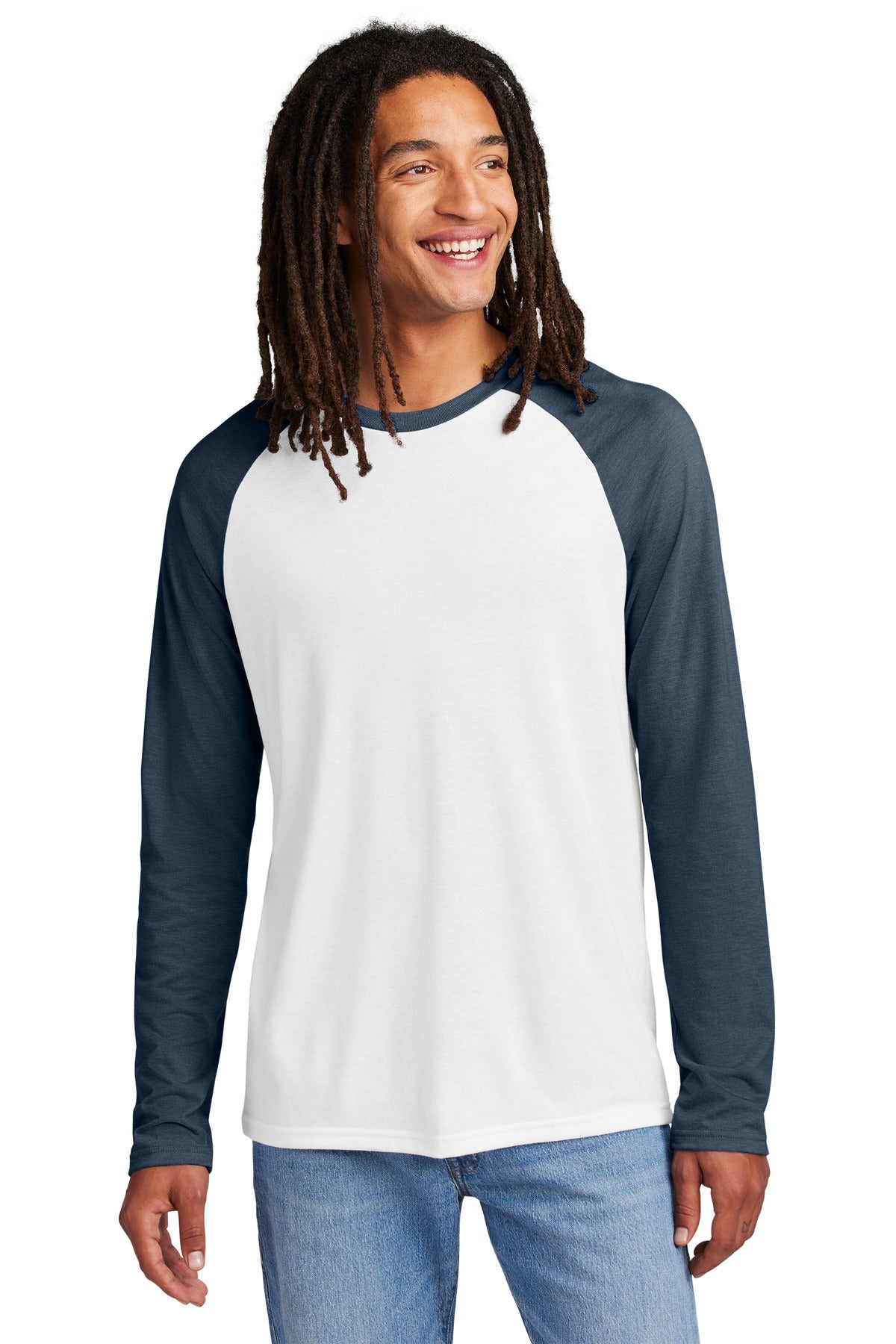 Front View of RblBl/BtWh Allmade Unisex Tri-Blend Long Sleeve Colorblock Raglan AL6009