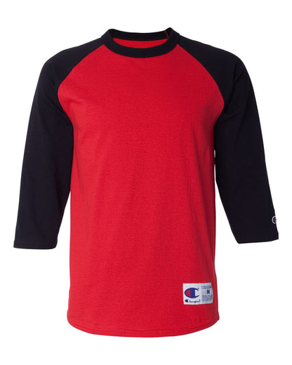 Front View of Scarlet/ Black Raglan Sleeve Baseball T-Shirt - T137