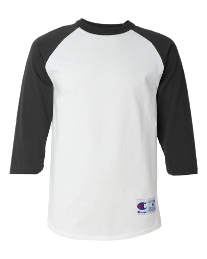 Front View of White/ Black Raglan Sleeve Baseball T-Shirt - T137