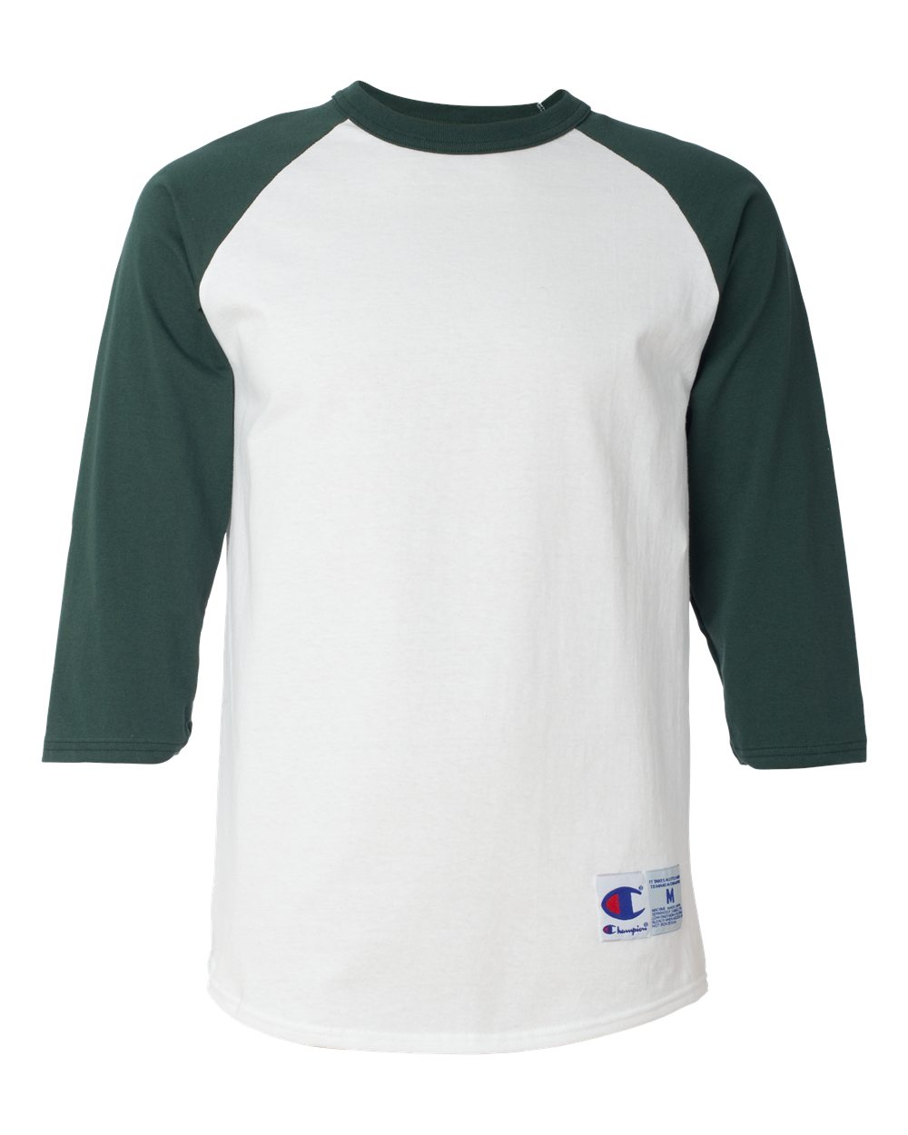 Front View of White/ Dark Green Raglan Sleeve Baseball T-Shirt - T137