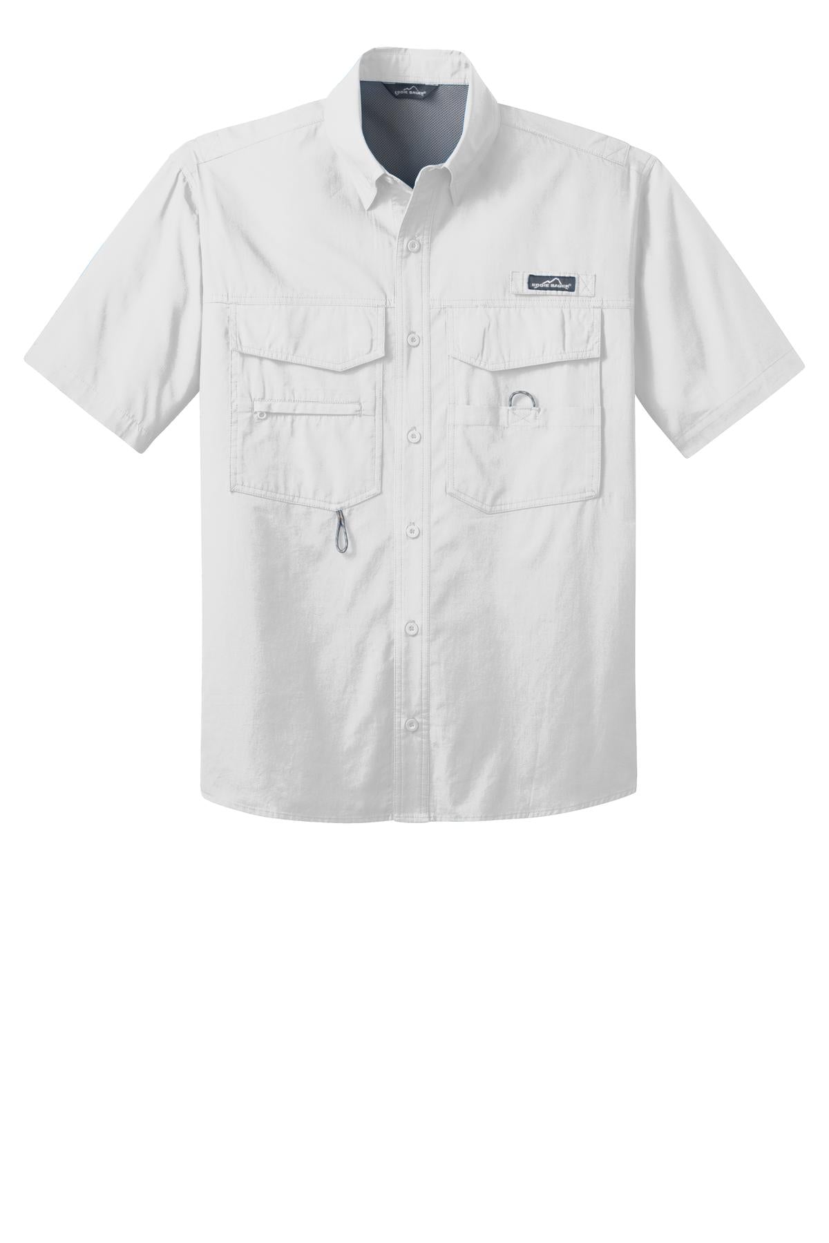 Front View of White Eddie Bauer - Short Sleeve Fishing Shirt. EB608