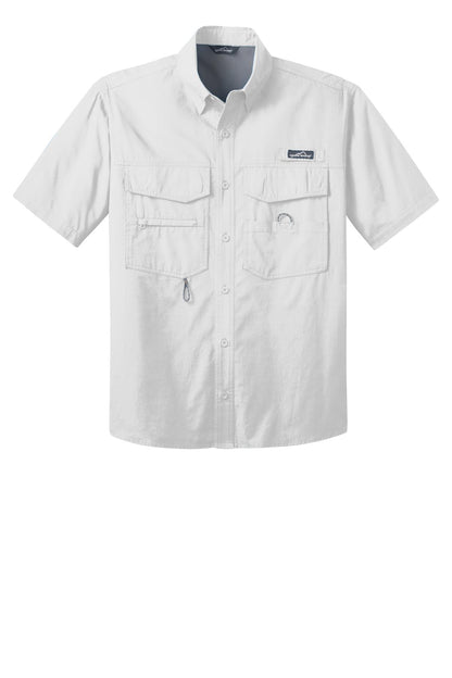Front View of White Eddie Bauer - Short Sleeve Fishing Shirt. EB608