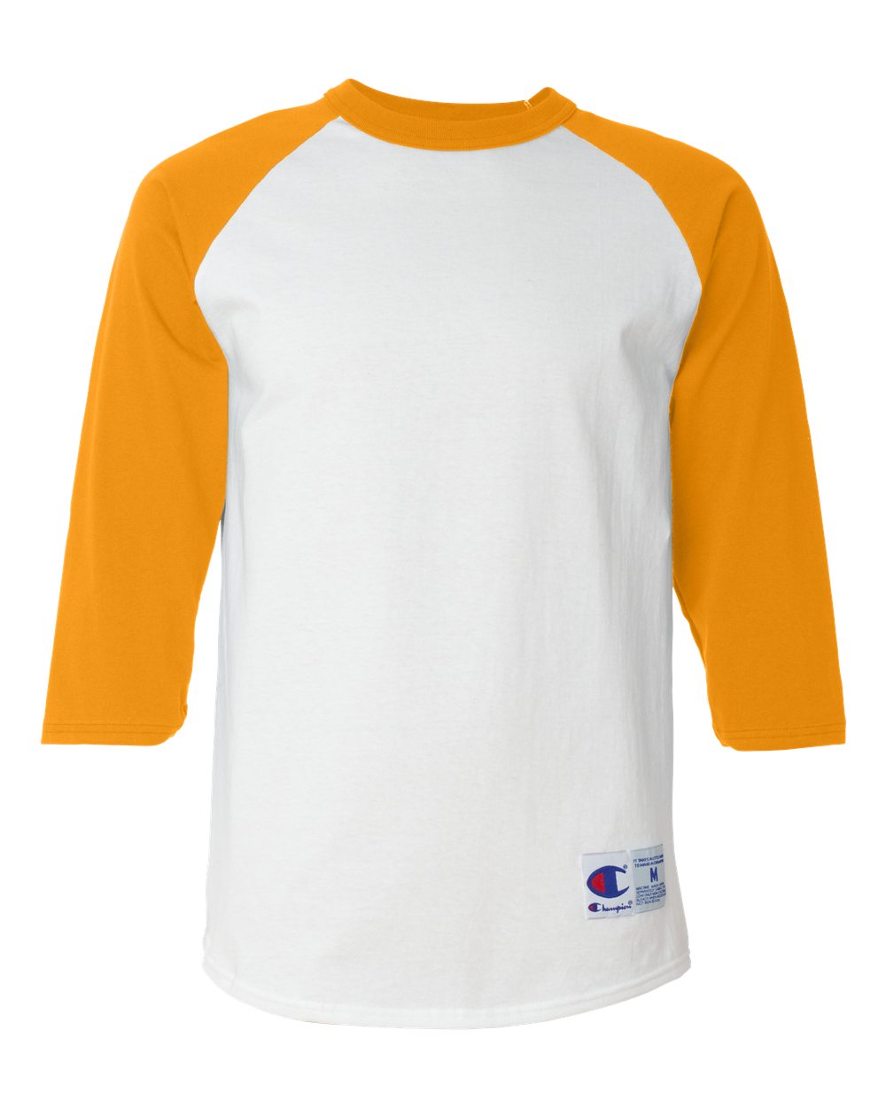 Front View of White/ Gold Raglan Sleeve Baseball T-Shirt - T137