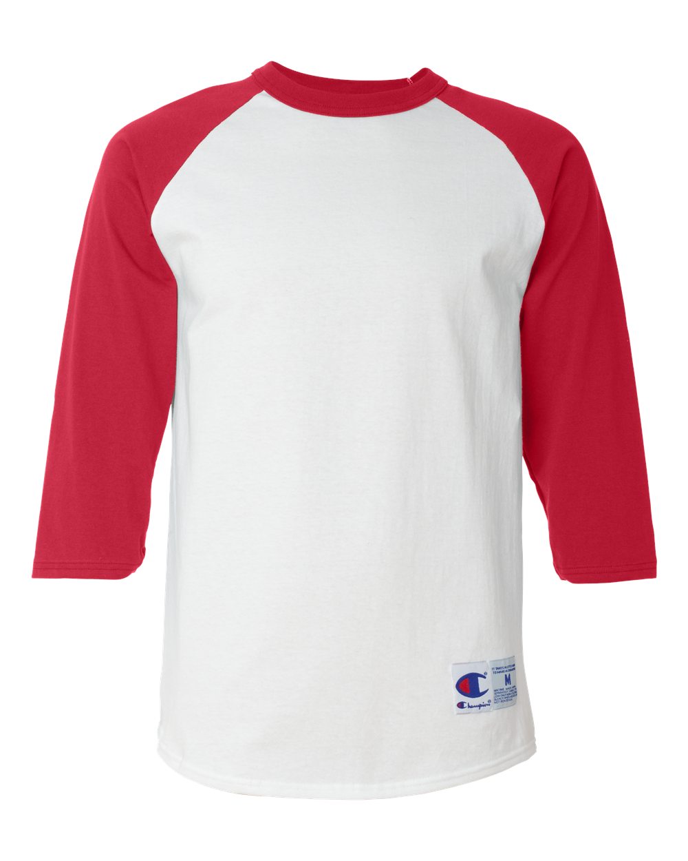 Front View of White/ Scarlet Raglan Sleeve Baseball T-Shirt - T137