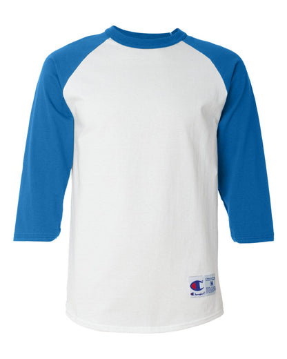 Front View of White/ Team Blue Raglan Sleeve Baseball T-Shirt - T137