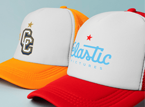 Two caps with colourful logos 