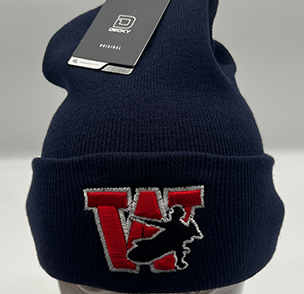 Navy beanie with red and white 'VX' logo and Decky tag.