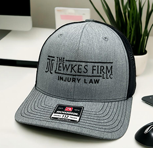 Grey cap with 'The Jekwes Firm LLC Injury Law' text and logo, placed on an office desk